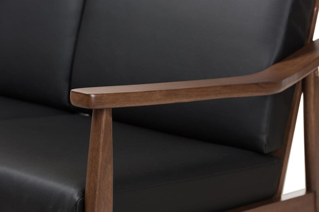 Baxton Studio Venza Mid-Century Modern Walnut Wood Black Faux Leather 3-Piece Livingroom Set