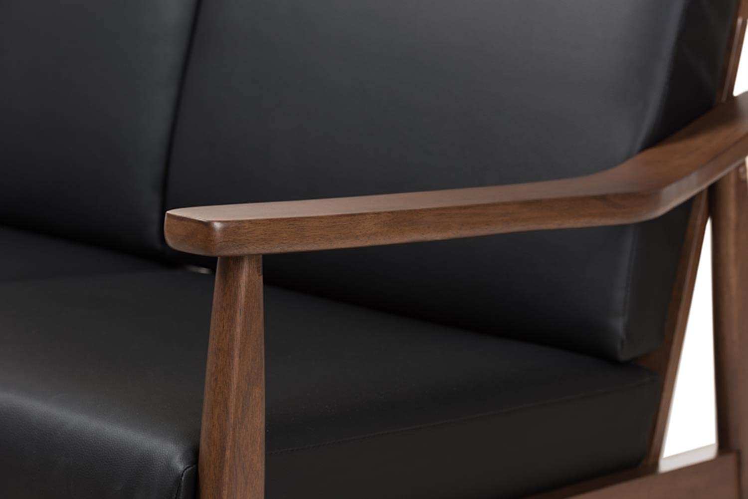 Baxton Studio Venza Mid-Century Modern Walnut Wood Black Faux Leather 3-Piece Livingroom Set