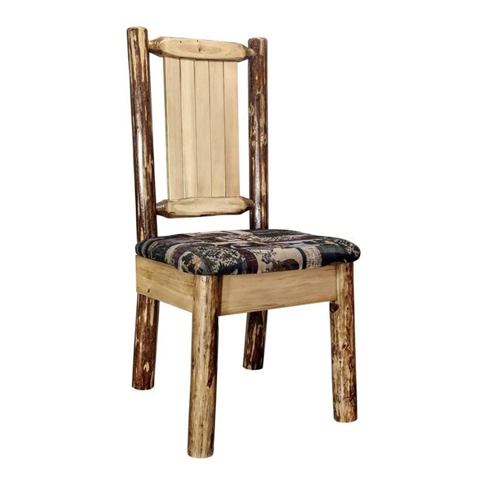 Montana Woodworks Glacier Country Collection Side Upholstered Chair, Woodland Pattern with Laser Engraved Elk Design, Stained and Lacquered