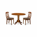 East West Furniture DLNA3-SBR-C 3 Piece Dining Set Contains a Round Dining Table with Dropleaf and 2 Linen Fabric Kitchen Room Chairs, 42x42 Inch, Saddle Brown