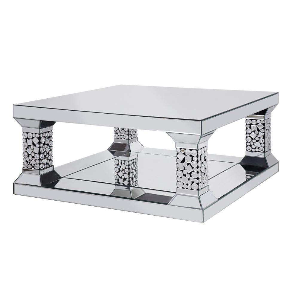 Benjara Wood And Mirror Coffee Table With One Shelf, Clear And Black