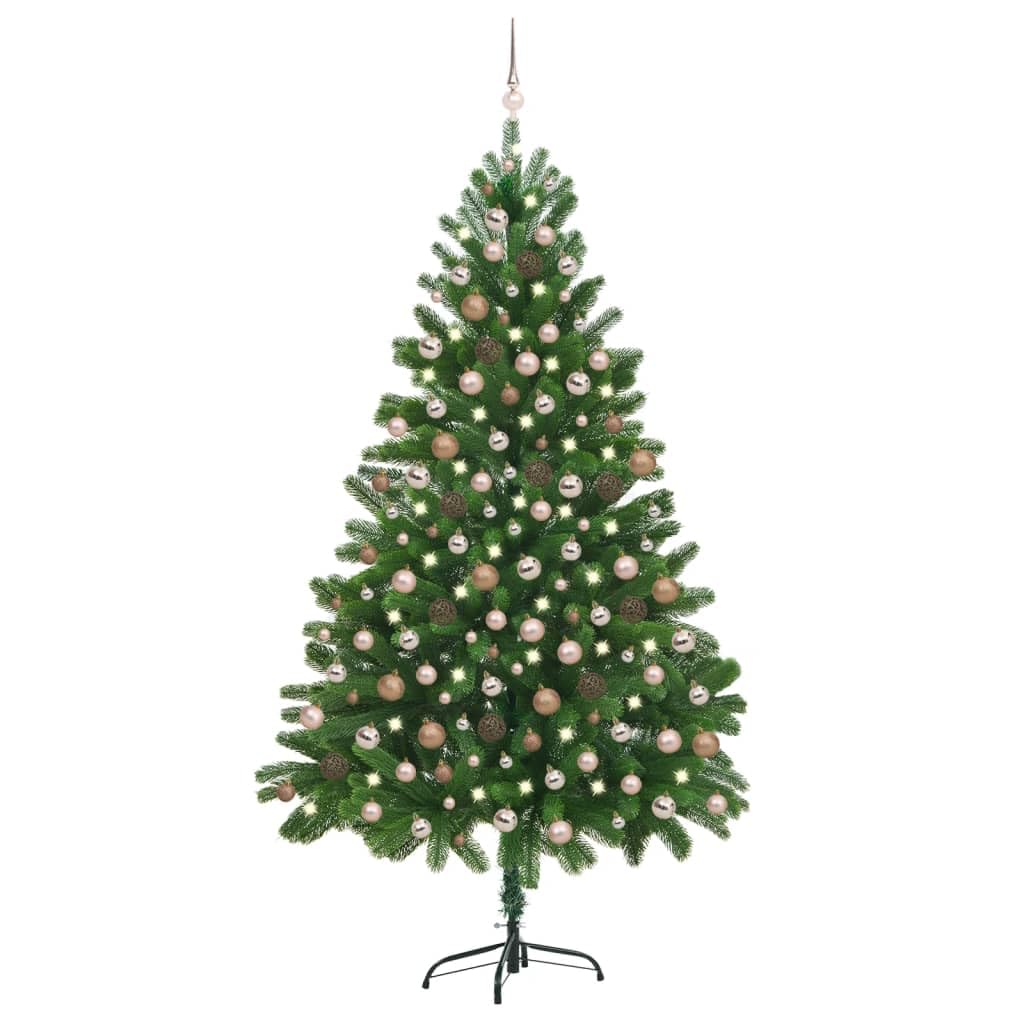 vidaXL Lifelike Artificial Christmas Tree with LEDs and Ball Set, Made with Durable PE, Steel, and Plastic - 82.7&quot; Tall - Green Color with Rose Gold Ornaments