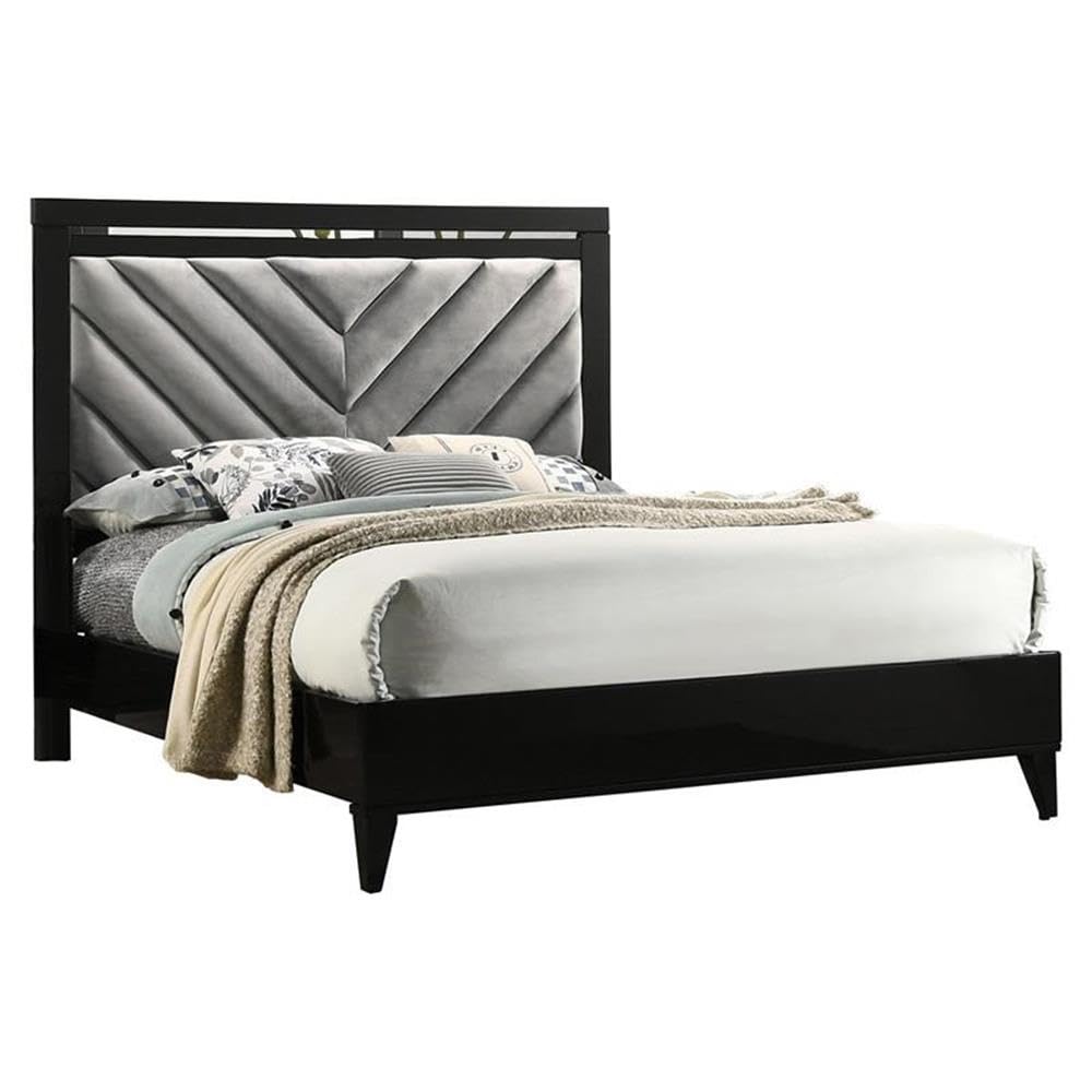 Acme Chelsie Wooden Queen Bed with Velvet Headboard in Gray and Black