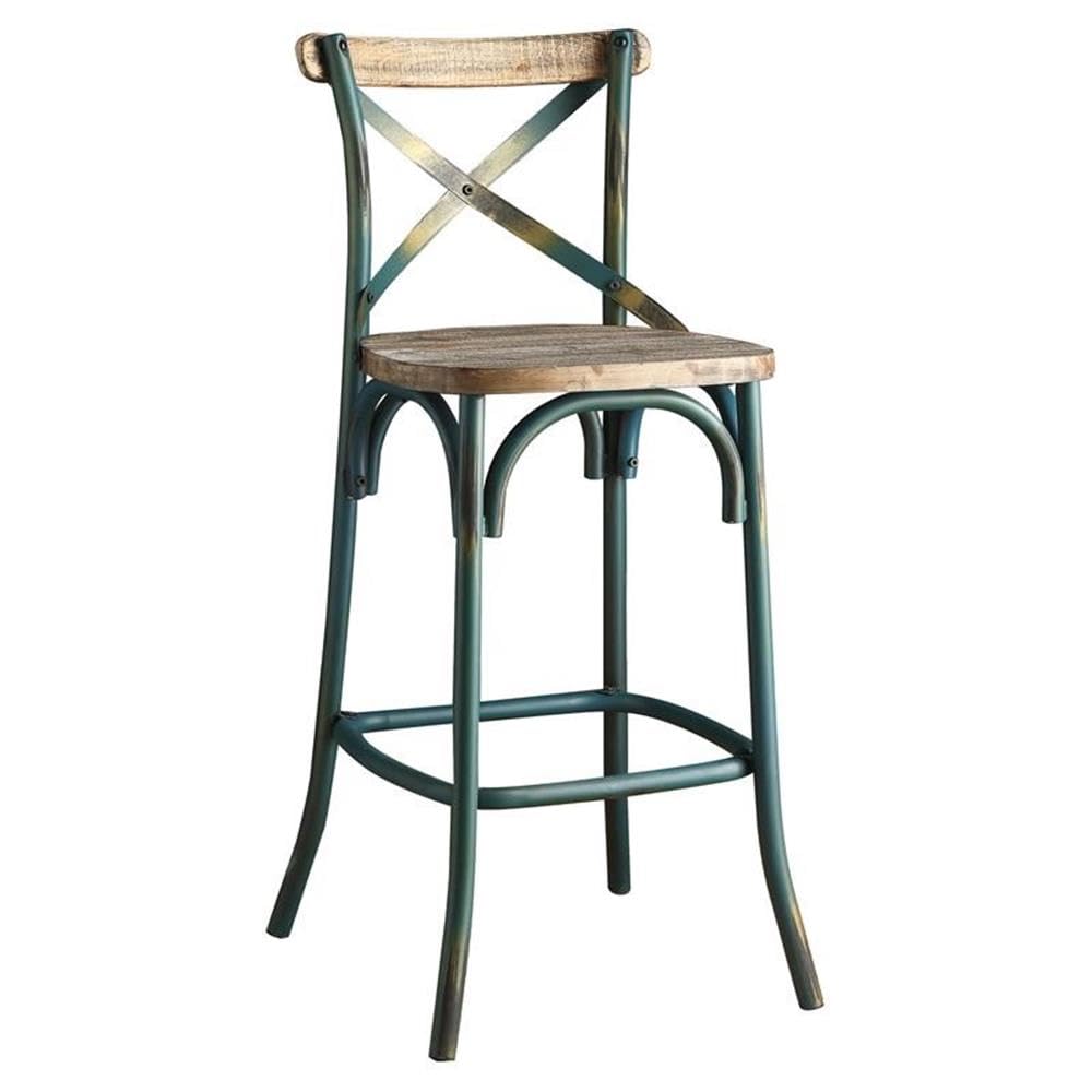 Acme Zaire Bar Stool with Wooden Seat in Antique Turquoise and Antique Oak