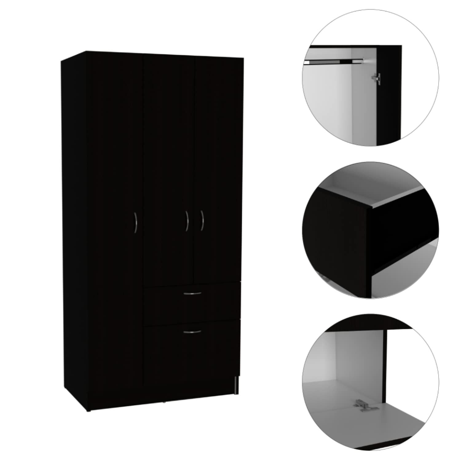 Cartagena Armoire with Hinged Drawer, Metal Rod, 4 Shelves, 3 Doors, and Shoe Cabinet, Black/White