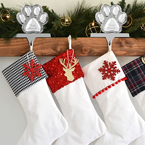 Fowecelt 2 Pack Dog Paw Christmas Stocking Holder, 3D Silver Metal Mantel Stocking Hanger For Mantel Shelf Stand Table Christmas