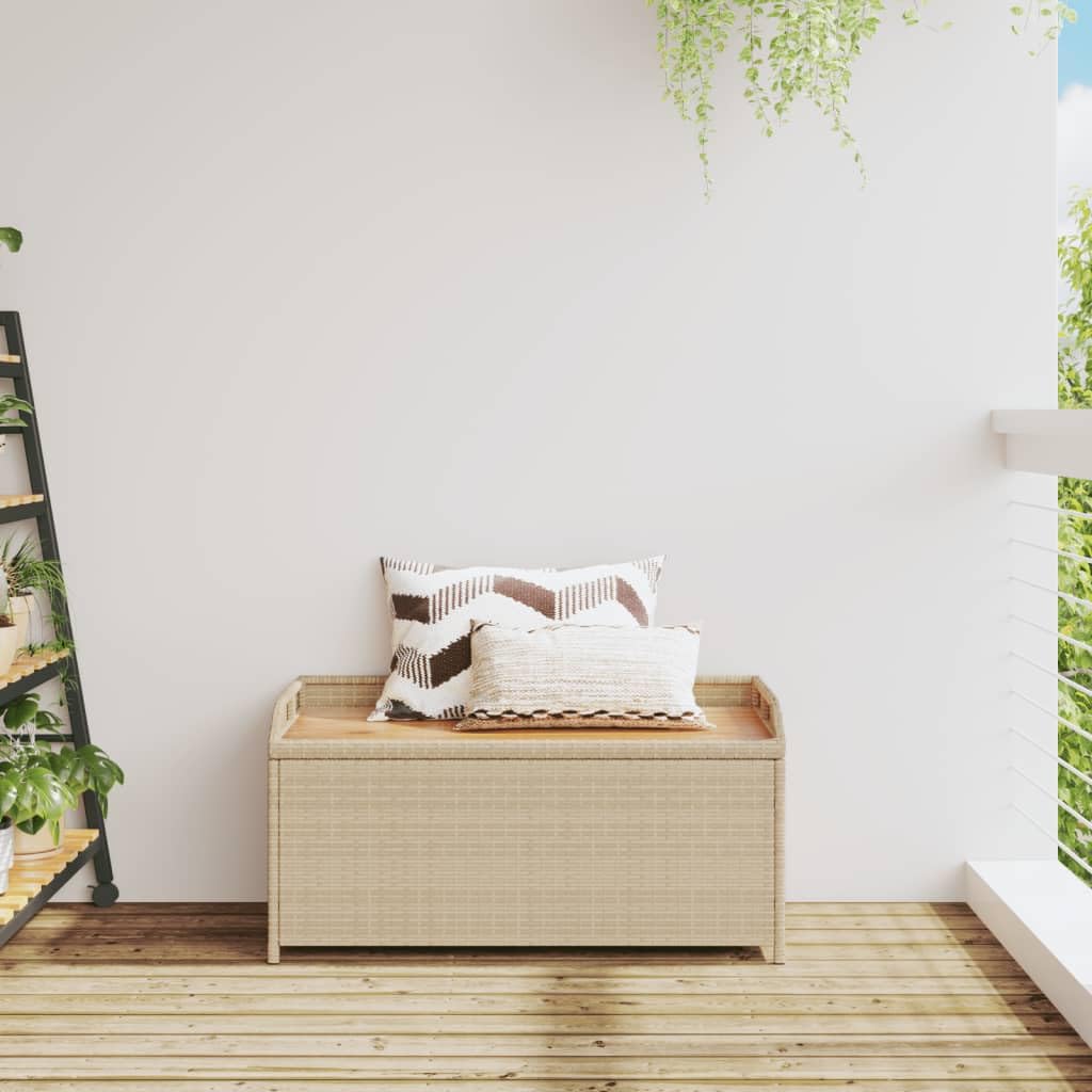 vidaXL Storage Bench Mix Beige 39.4"x19.7"x20.5" - Patio Furniture Cushion, Gardening, Pool Towel Organizer - Poly Rattan, Acacia Wood - Gas Spring Lid, Water-Resistant Bag