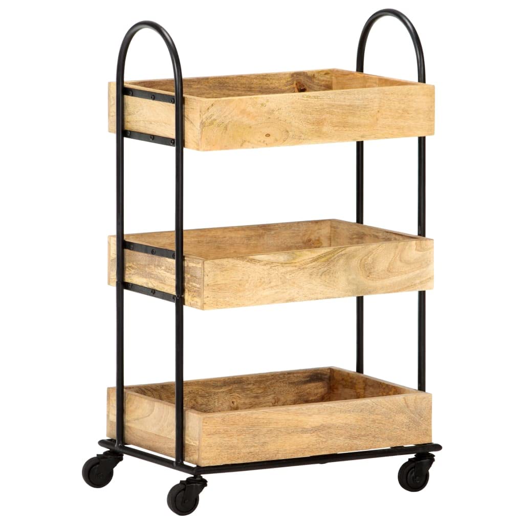 vidaXL 3-Tier Kitchen Trolley - Solid Mango Wood with Hand-Carved Patterns, Compact Size, Mobile Storage Unit for Kitchen - 18.1&quot;x11.8&quot;x29.9&quot;