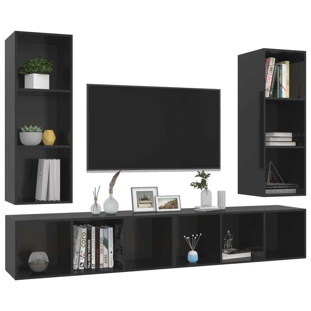 vidaXL 4X Wall-Mounted TV Cabinets Hanging Stand Unit Stereo Storage HiFi Plasma Living Room Home Furniture High Gloss Black Engineered Wood