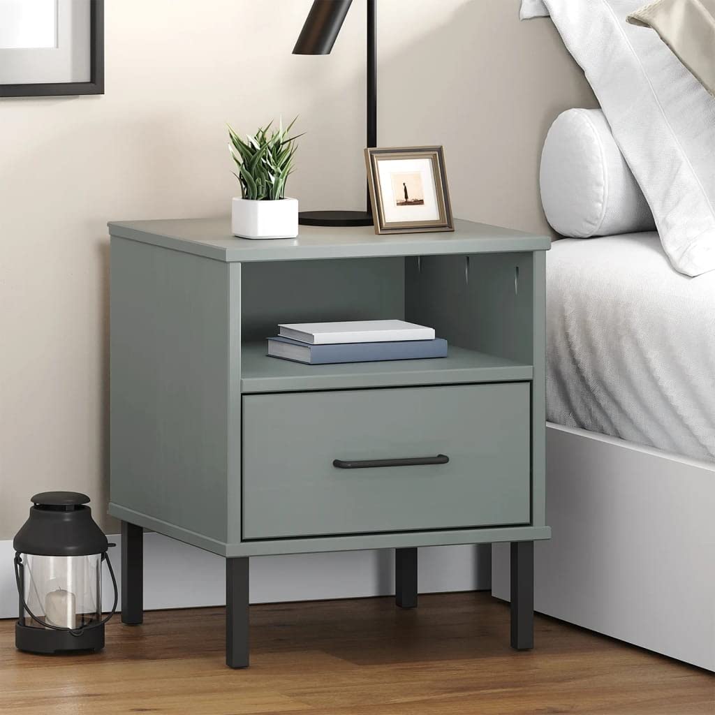 vidaXL Oslo Bedside Cabinet - Solid Pine Wood Bedroom Furniture with Metal Legs, Ample Storage Space, Sturdy & Durable Gray End Table