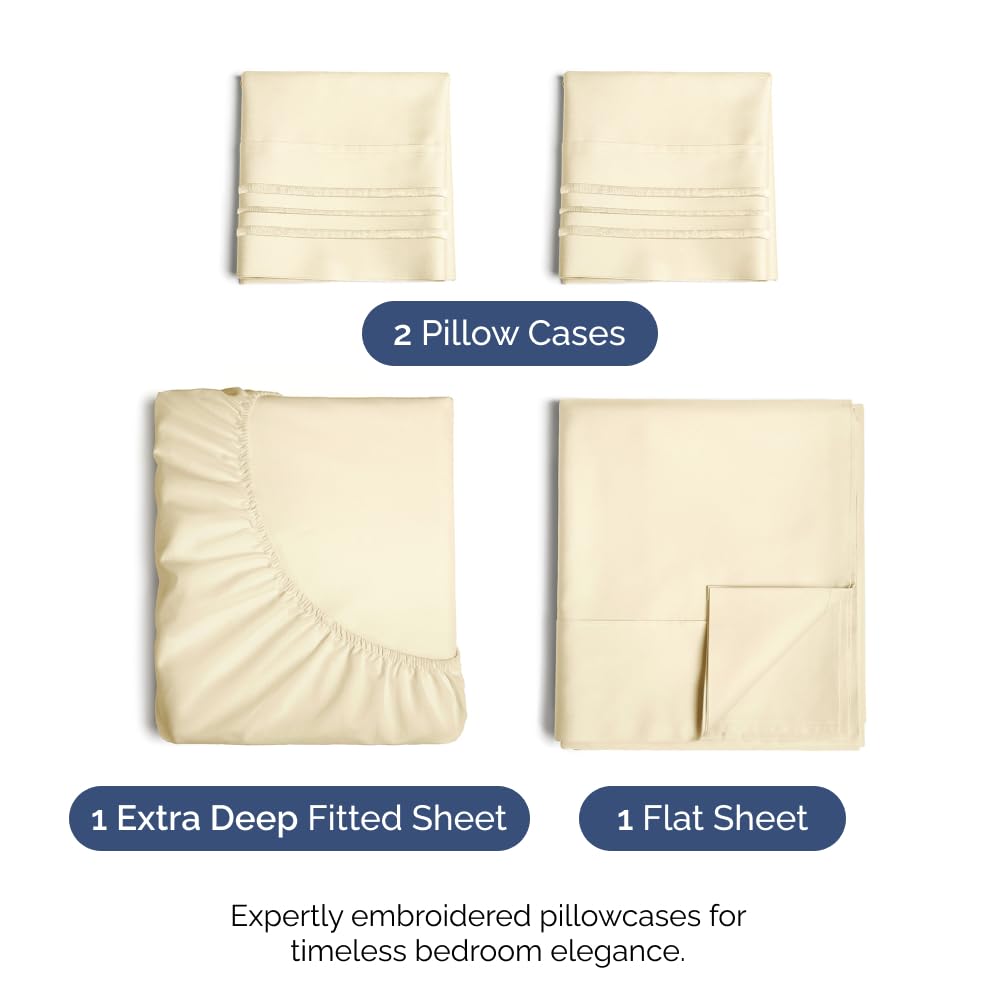 Extra Deep Pocket King Sheets - 4 Piece Breathable & Cooling Bed Sheets - Hotel Luxury Bed Sheet Set - Soft, Wrinkle Free & Comfy - Easily Fits Extra Deep Mattresses - Deep Pocket Off White Sheets Set