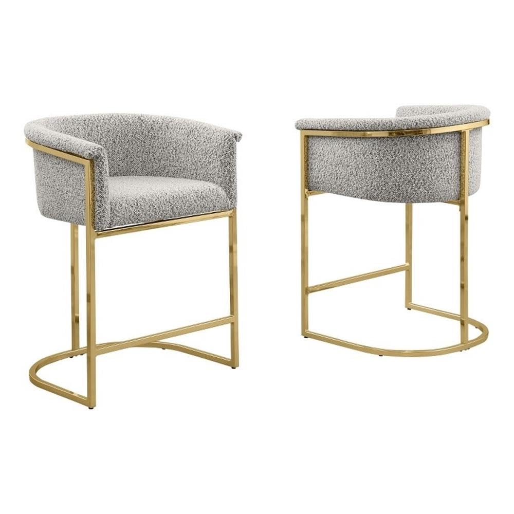 Best Quality Furniture Set Of 2 Modern Boucle Fabric Accent Counter Height Stools - Barrel Design, Chrome Legs, Rich Gray, Gold Leg Finish