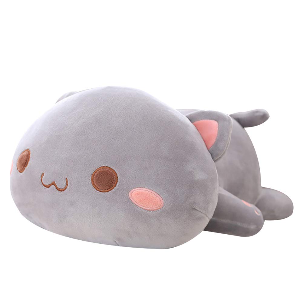 Jensquaify Cat Stuffed Animals, Soft Cat Plush Pillow Kawaii Kitten Stuffed Animal Toy Gifts For Kids (Grey Round Eyes, 13.7')