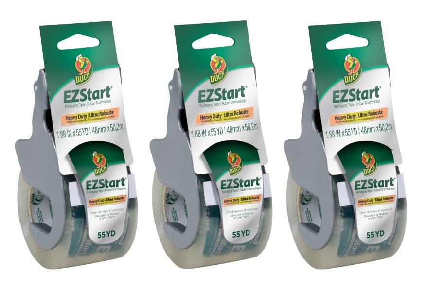 Duck Ez Start Packaging Tape, Clear Packing Tape For Mailing, Moving, Shipping & Storage, 3 Rolls With Dispensers, 1.88 In. X 55