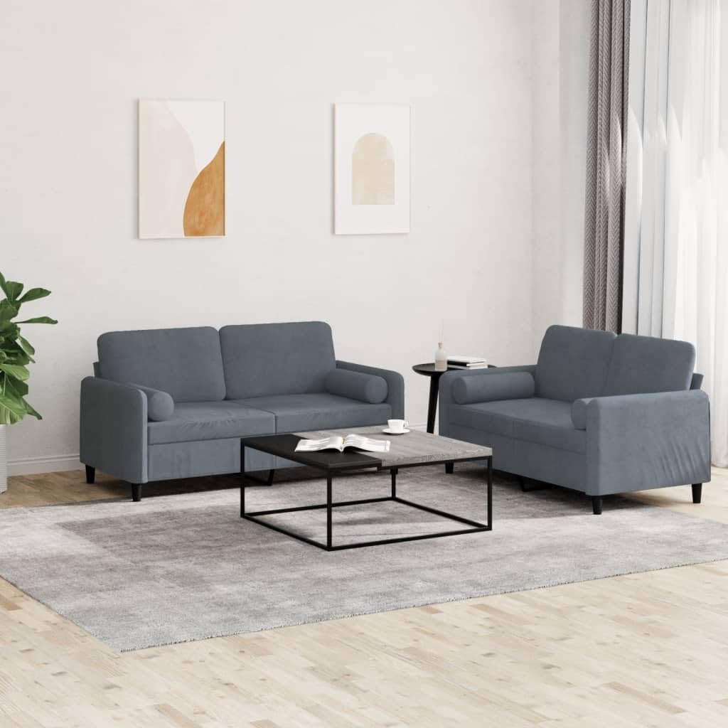 vidaXL 2-Piece Sofa Set - Modern Style Dark Grey Velvet Fabric - Comfy Living Room Seating with Pillows and Cushions