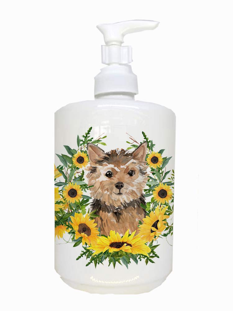 Caroline's Treasures CK2933SOAP Norwich Terrier in Sunflowers Ceramic Soap Dispenser Hand Soap Dispenser Pump Bottles for Bathro