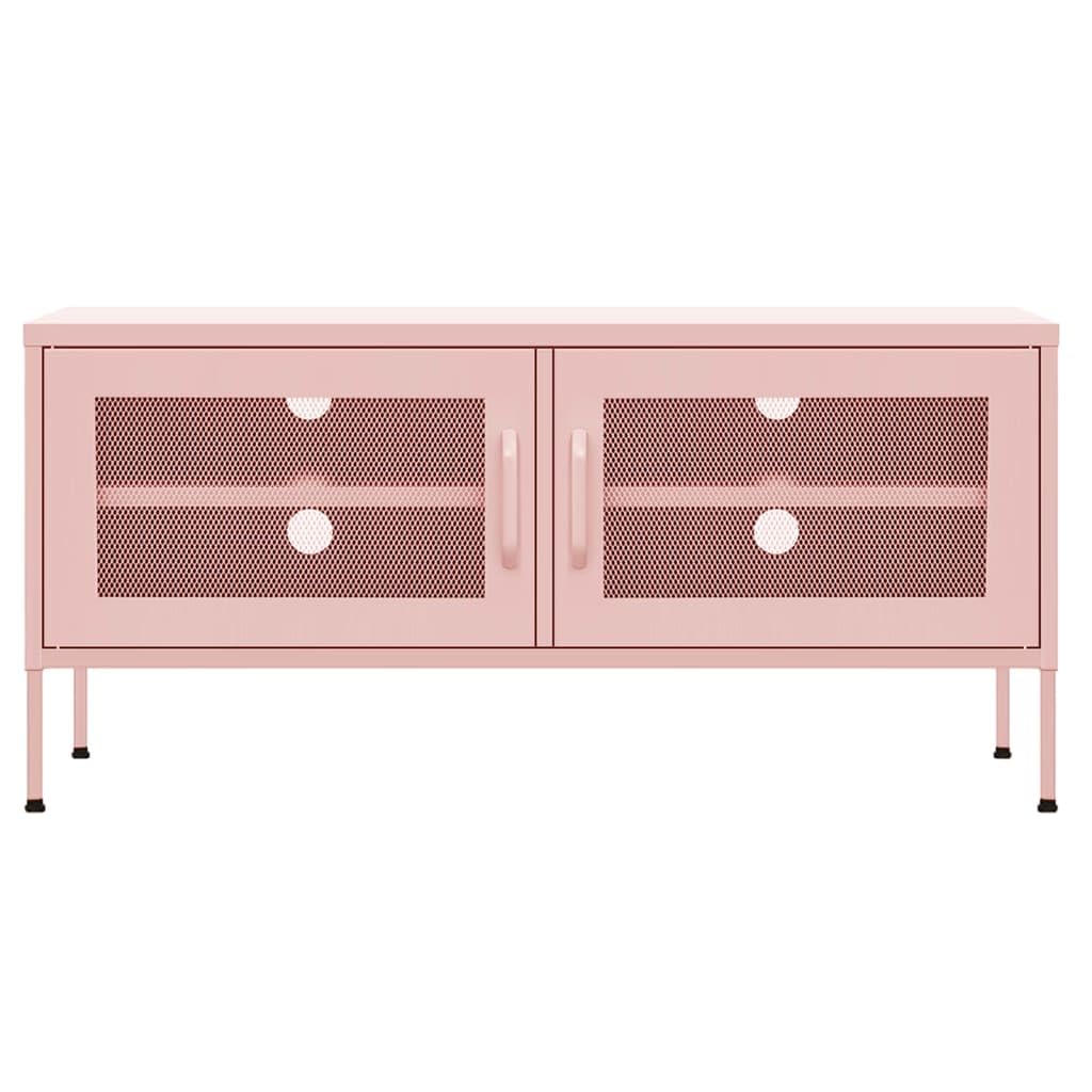 vidaXL Industrial Style TV Stand in Pink Steel, Adjustable Height, Cable Management System, 41.3&quot;x13.8&quot;x19.7&quot;, 2 Doors and 1 Shelf, Maximum Loading 220.5lb