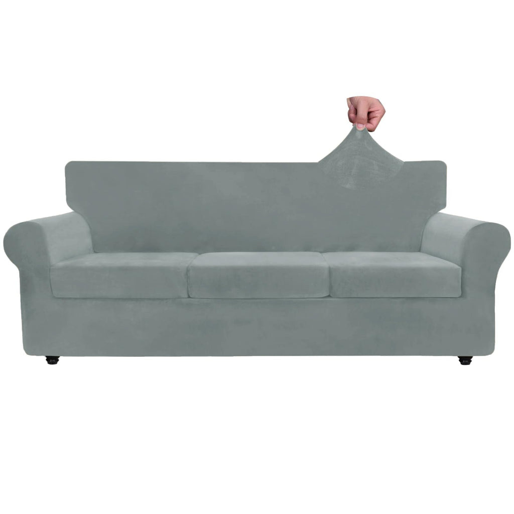 Znsayotx Luxury Velvet Couch Cover 4 Piece Stretch Oversized Sofa Covers For 3 Cushion Couch Thick Soft Large Sofa Slipcover Anti Slip Dogs Pet Furniture Protector (Light Grey), 91'-110'(3 Cushions)
