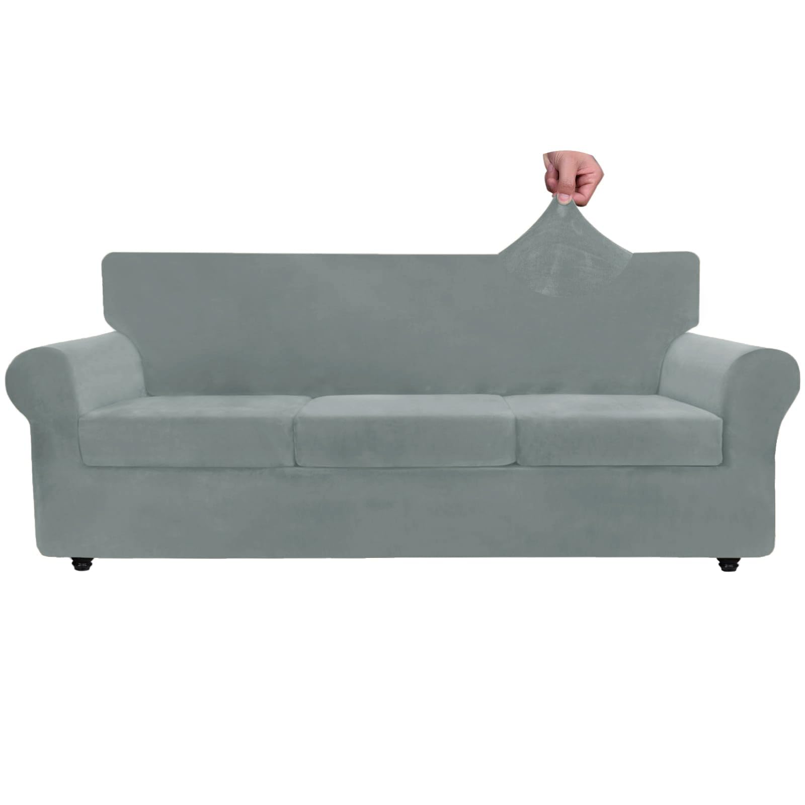Znsayotx Luxury Velvet Couch Cover 4 Piece Stretch Oversized Sofa Covers For 3 Cushion Couch Thick Soft Large Sofa Slipcover Anti Slip Dogs Pet Furniture Protector (Light Grey), 91'-110'(3 Cushions)