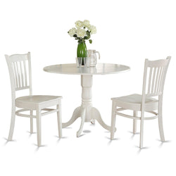 East West Furniture DLGR3-WHI-W 3 Piece Dining Table Set for Small Spaces Contains a Round Dining Room Table with Dropleaf and 2 Wood Seat Chairs, 42x42 Inch, Linen White