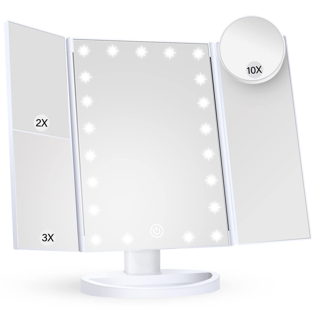 Huonul Makeup Mirror Vanity Mirror With Lights, 2X, 3X, 10X Magnification, Touch Control, Trifold, White, 9.4'L X 13.4'W, Modern Style, Dresser Mount, Bathroom