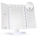 Huonul Makeup Mirror Vanity Mirror With Lights, 2X, 3X, 10X Magnification, Touch Control, Trifold, White, 9.4'L X 13.4'W, Modern Style, Dresser Mount, Bathroom