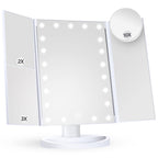 Huonul Makeup Mirror Vanity Mirror With Lights, 2X, 3X, 10X Magnification, Touch Control, Trifold, White, 9.4'L X 13.4'W, Modern Style, Dresser Mount, Bathroom