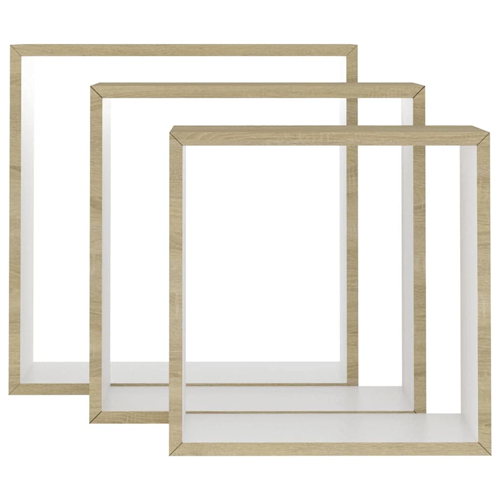 vidaXL 3 pcs Wall Cube Shelves in White and Sonoma Oak - Stylish Floating Shelves with Invisible Mounting, MDF Construction for Sturdy, Decorative Display