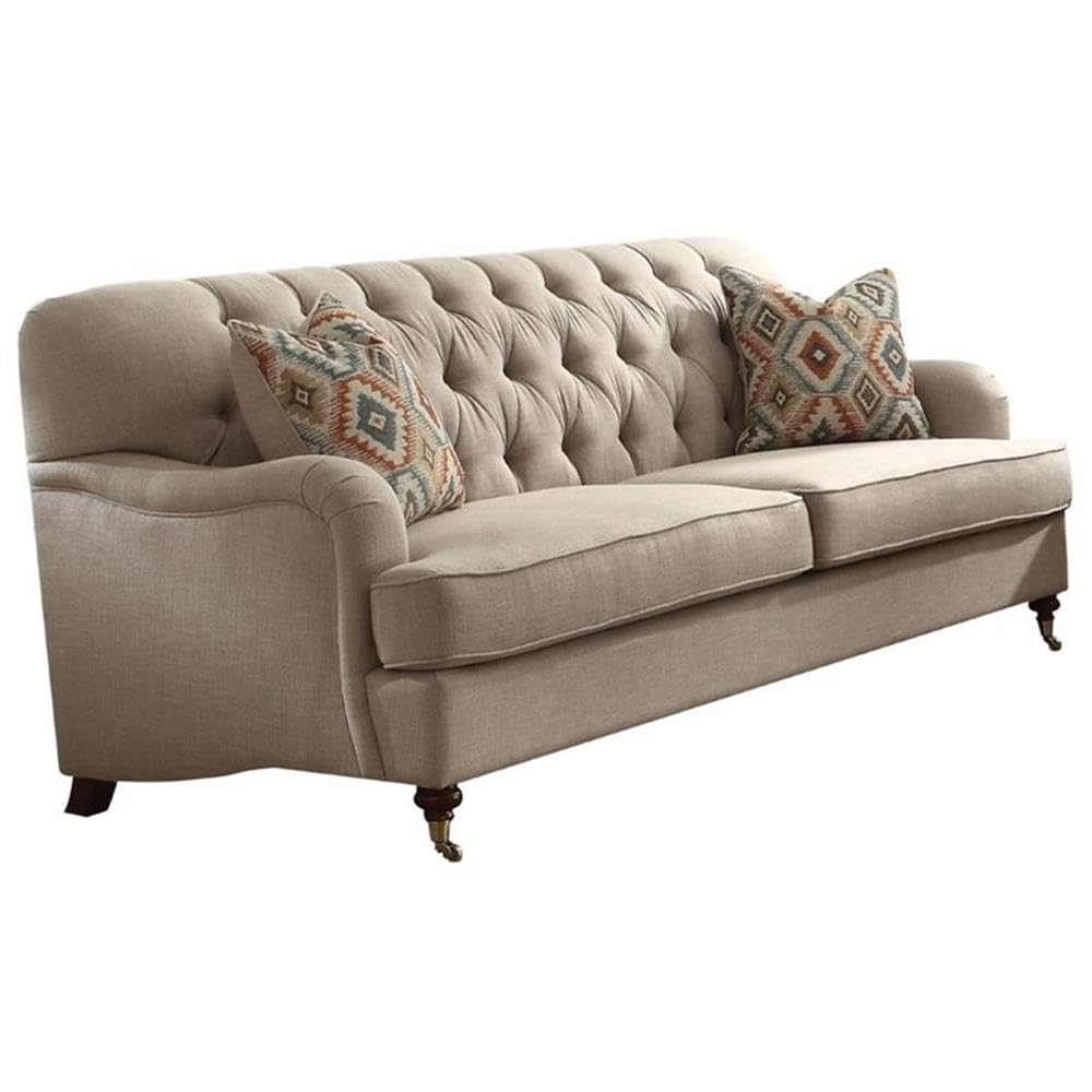 Acme Alianza Button Tufted Sofa with 2 Pillows in Beige Fabric