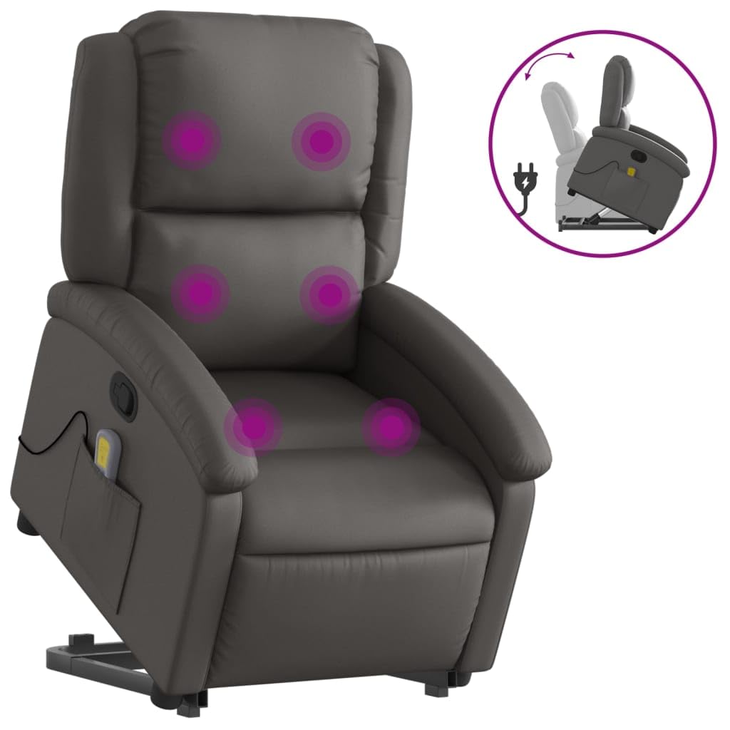 vidaXL Gray Real Leather Power Lift Massage Recliner - Electric Motor Stand-Up Armchair, Manual Tilt, Vibration Massage, Foam Pa