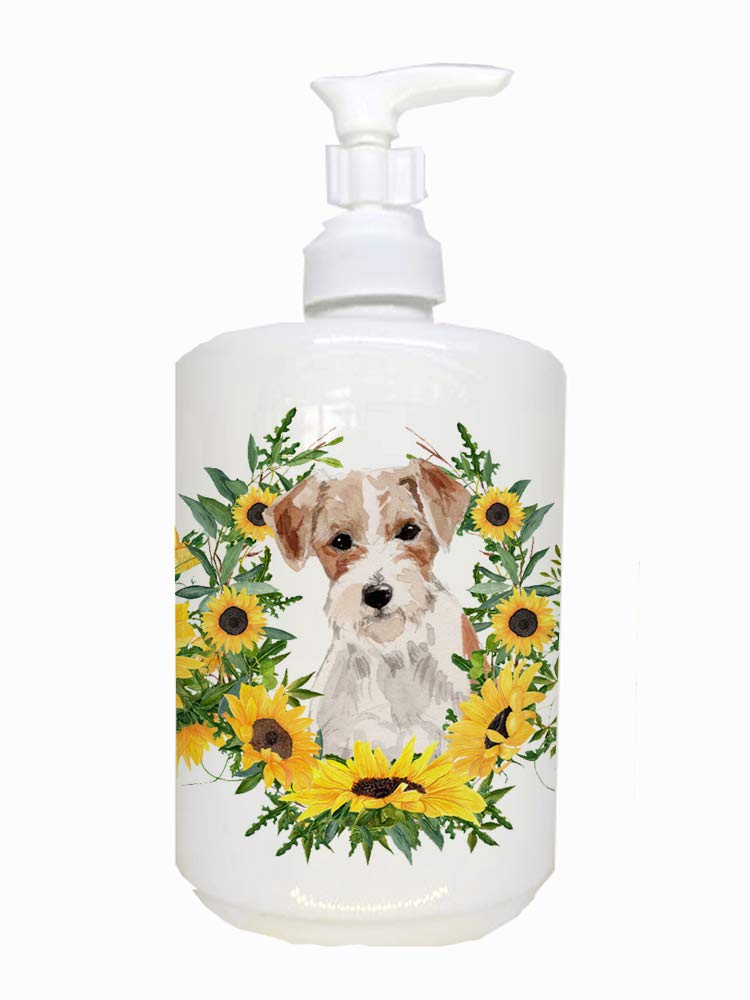 Caroline's Treasures CK2928SOAP Jack Russell Terrier in Sunflowers Ceramic Soap Dispenser Hand Soap Dispenser Pump Bottles for B