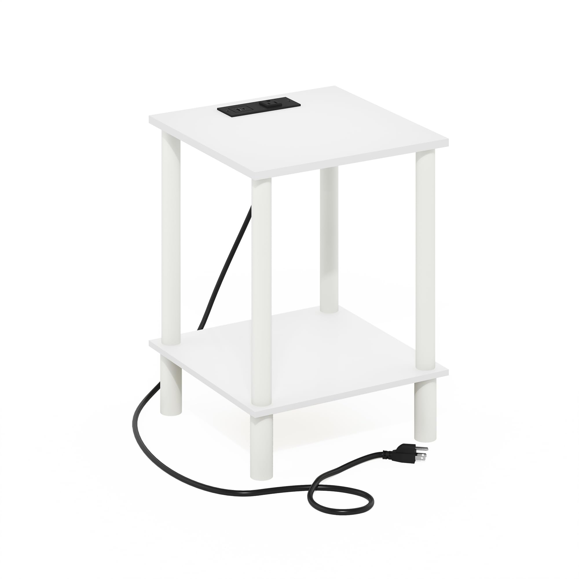 Furinno Turn-N-Tube 2-Tier Side Table, End Table with USB and Type-C Charging Port, White/White