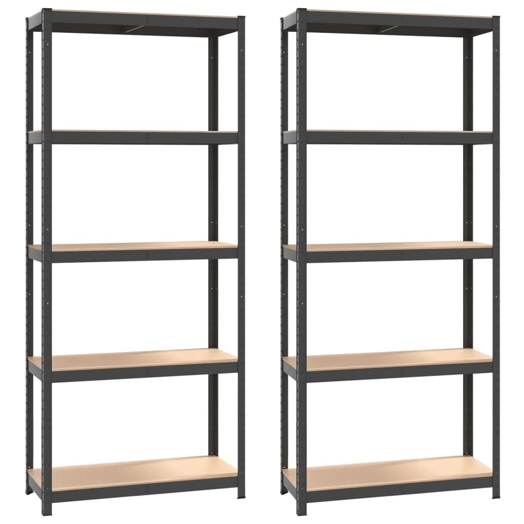 Vidaxl 5-Layer Storage Shelves - 2 Pcs Set, Anthracite Color, Galvanized Steel & Engineered Wood Construction, Industrial Style, Multi-Functional Residential And Commercial Shelving Unit