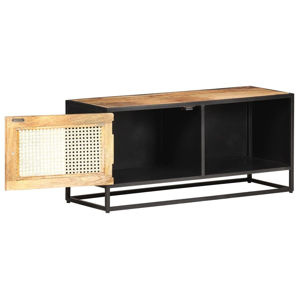 vidaXL TV Stand - Rustic Rough Mango Wood and Natural Cane Construction, Unique Hand-Woven Cane Pattern Door, Ample Storage Room, Iron Frame Support, Easy Assembly - 35.4&quot;x11.8&quot;x15.7&quot; Dimensions