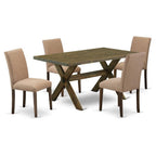 East West Furniture X776Ab747-5 5 Piece Kitchen Table Set Includes A Rectangle Dining Table With X-Legs And 4 Light Sable Linen Fabric Parson Dining Room Chairs, 36X60 Inch, Multi-Color