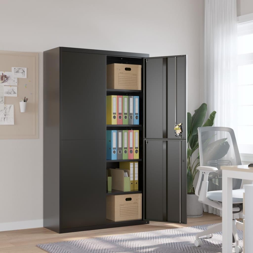 vidaXL Extra-Wide Lockable Filing Cabinet - Black Powder-Coated Steel with 4 Adjustable Shelves, Ample Storage Space, Ideal Office Furniture