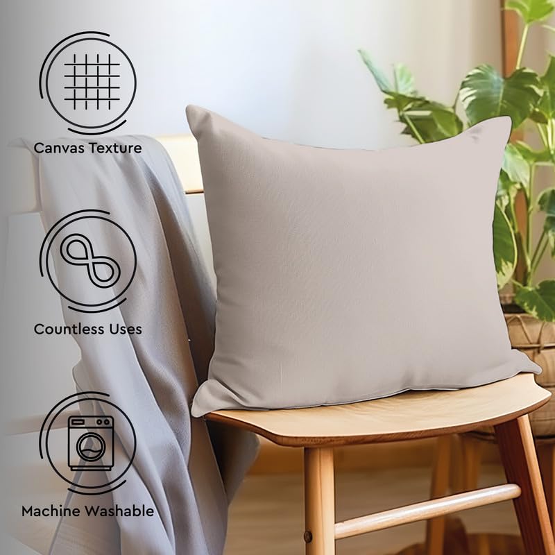 Cotton Canvas Throw Pillow Covers By Encasa Pack Of 2 Light Grey 18'X18' No Insert With Hidden Zipper | Decorative Cushion Cov