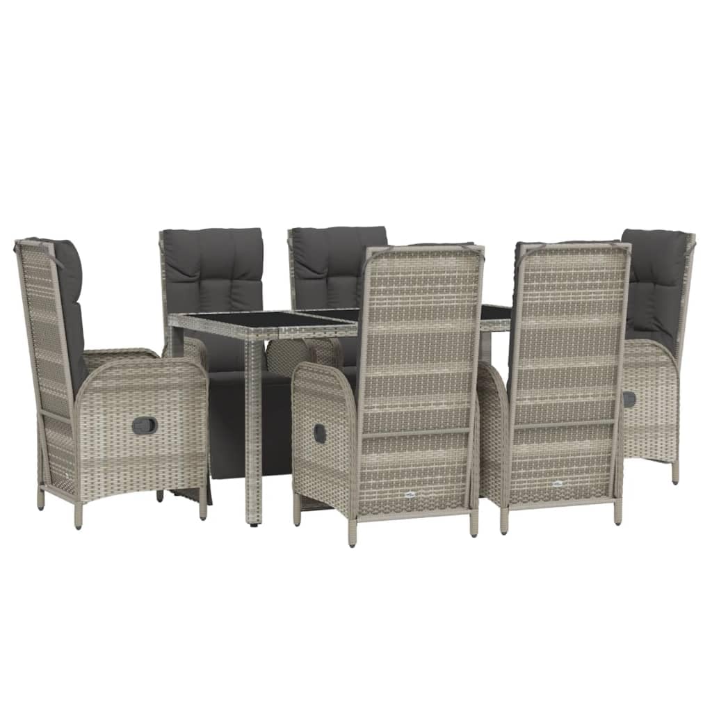 vidaXL 7-Piece Patio Dining Set with Reclining Chairs - Weather-Resistant PE Rattan Construction - Elegant and Modern Outdoor Furniture Set with Tempered Glass Tabletop - Gray