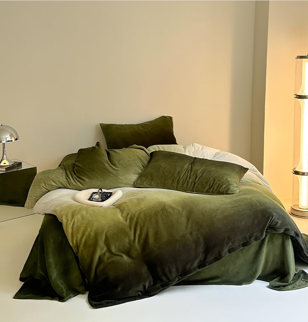 Houseri Velvet Olive Green White Gradient Comforter King Size Fluffy Light Army Green Sherpa Lime Green Fuzzy Ombre Bedding Sets