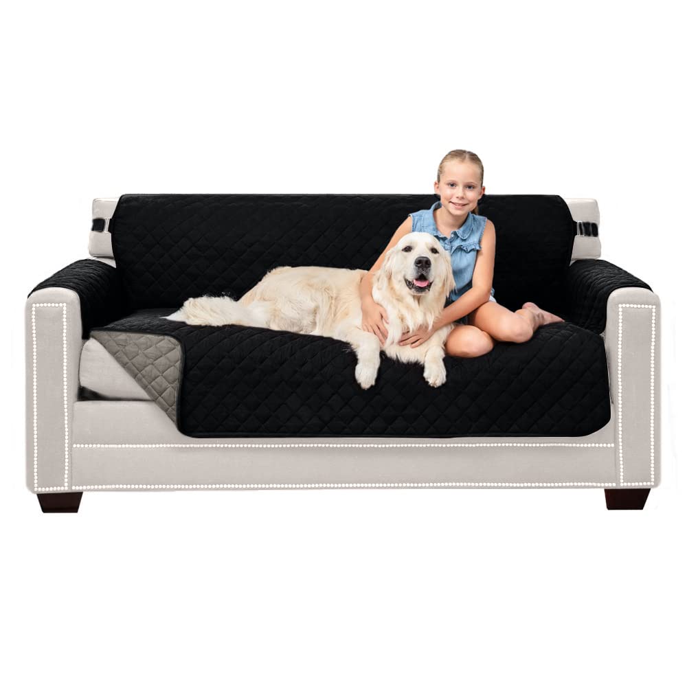 Sofa Shield Patented Couch Slip Cover, Large Cushion Protector, Reversible Stain And Dog Tear Resistant Slipcover, Quilted Microfiber 62” Seat, Washable Covers For Dogs Pets Kids, Black Gray