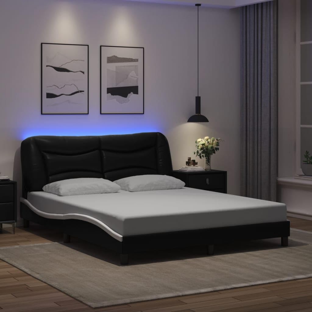 vidaXL Queen Faux Leather Bed Frame with LED Lighting - Black and White, Stylish Waved Design, Comfort Headboard, USB Connector