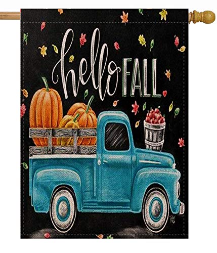 Selmad Hello Fall 28 X 40 House Flag Pumpkin Farm Truck Double Sided Quote, Autumn Leaves Harvest Burlap Garden Yard D  Cor, Far