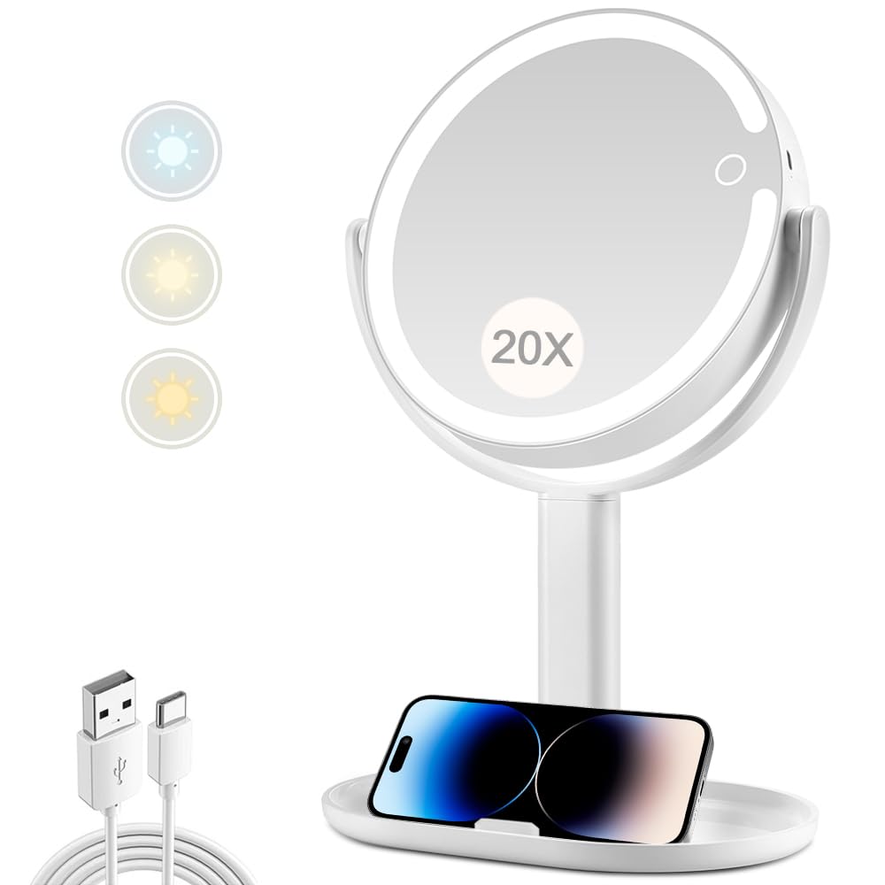 MIYADIVA Makeup Mirror with Lights,20X Magnifying Mirror with Light and Touch Switch,Vanity Mirror with 3 Color Light and 80 LED