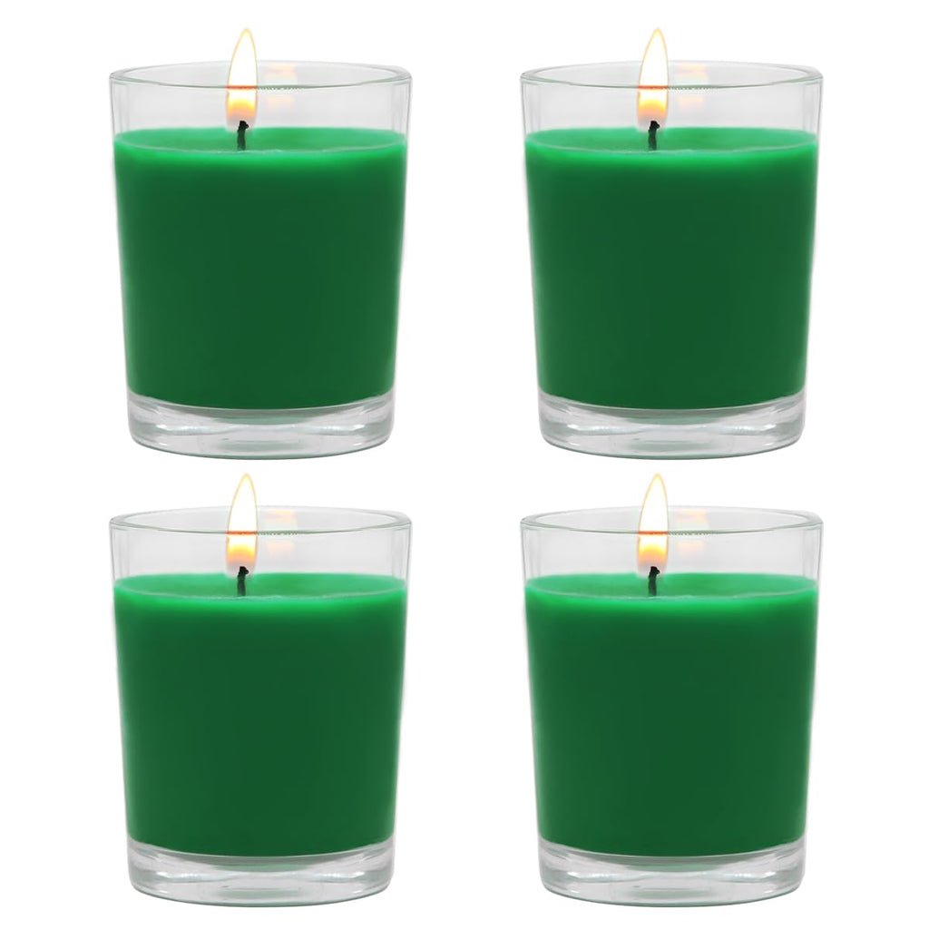 Set of 4 Green Votive Candles for Christmas and St. Patrick's Day, Clear Glass Filled Unscented Soy Wax Candle for Spring Home D