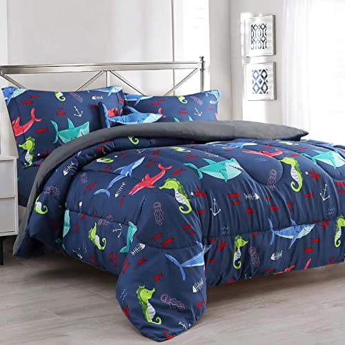Sapphire Home 8 Piece Shark Queen Bedding Set For Boys, Bed In A Bag, Kids Comforter Set With Bed Sheets, Pillow Case, Toy Pillo