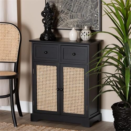 Baxton Studio Dacey Mid-Century Modern Transitional Espresso Brown Finished Wood and Rattan 2-Drawer Storage Cabinet