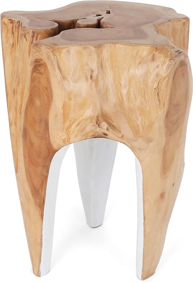 Rutledge & King Java Teak Root Stool - Wooden Stool - Teak Boho Side Table - Teak Accent Table - Teak Tree Stump - Pedestal Side Table - White Teak Stool