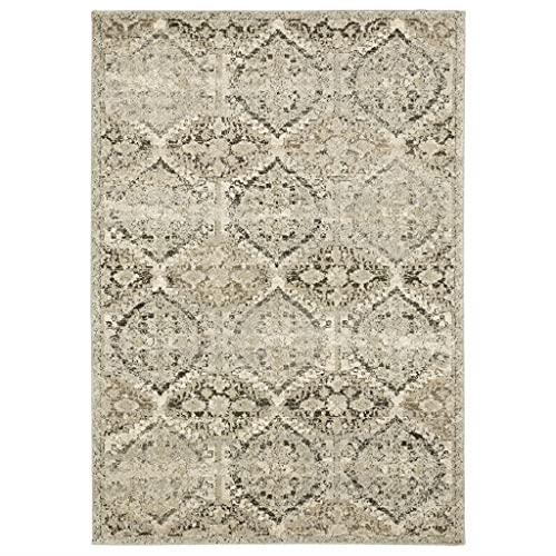 HomeRoots Polypropylene 10’ x 13’ Ivory and Gray Floral Trellis Indoor Area Rug
