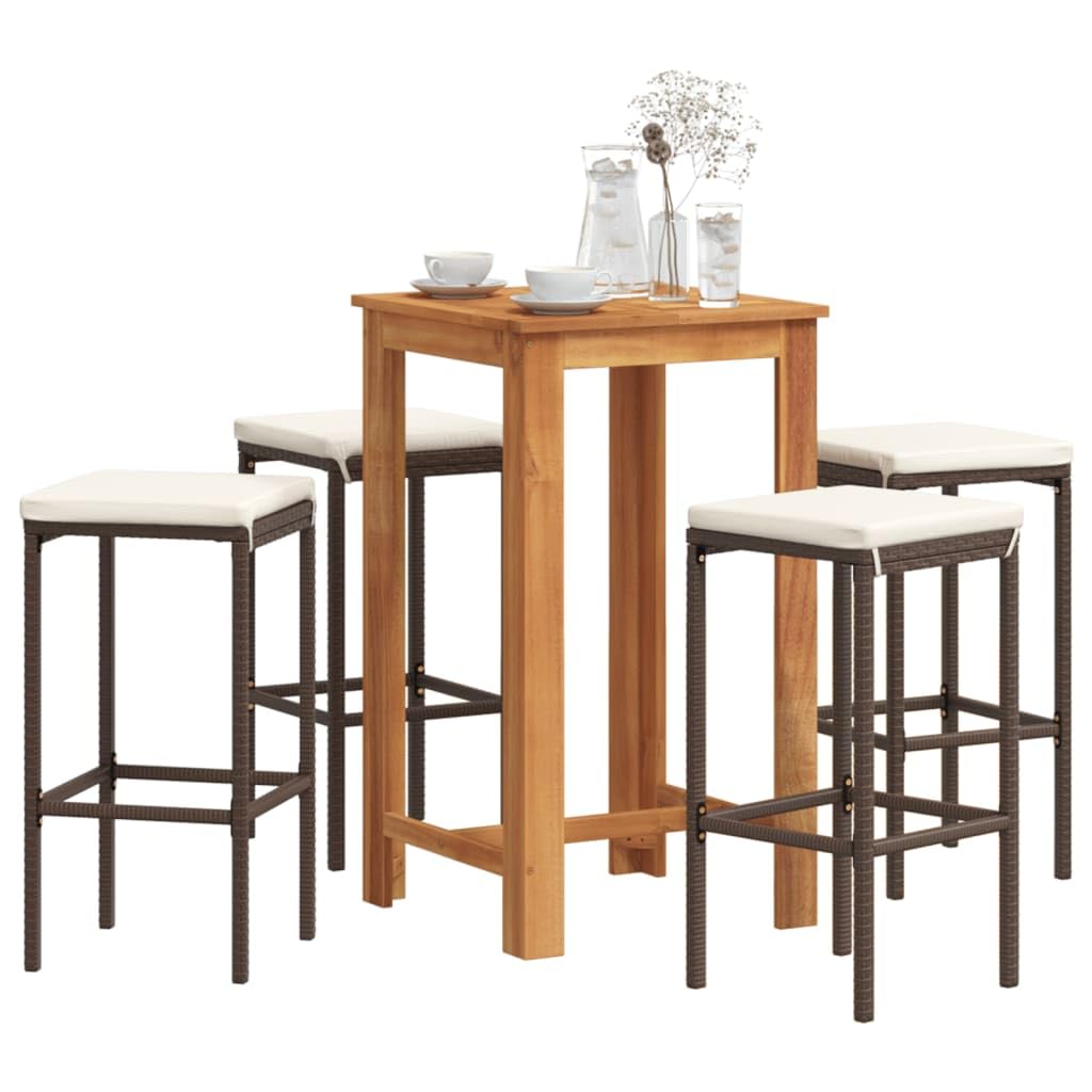 vidaXL 5-Piece Patio Bar Set with Square Solid Acacia Wood Table and PE Rattan Bar Stools - Brown, Cream-White Cushions