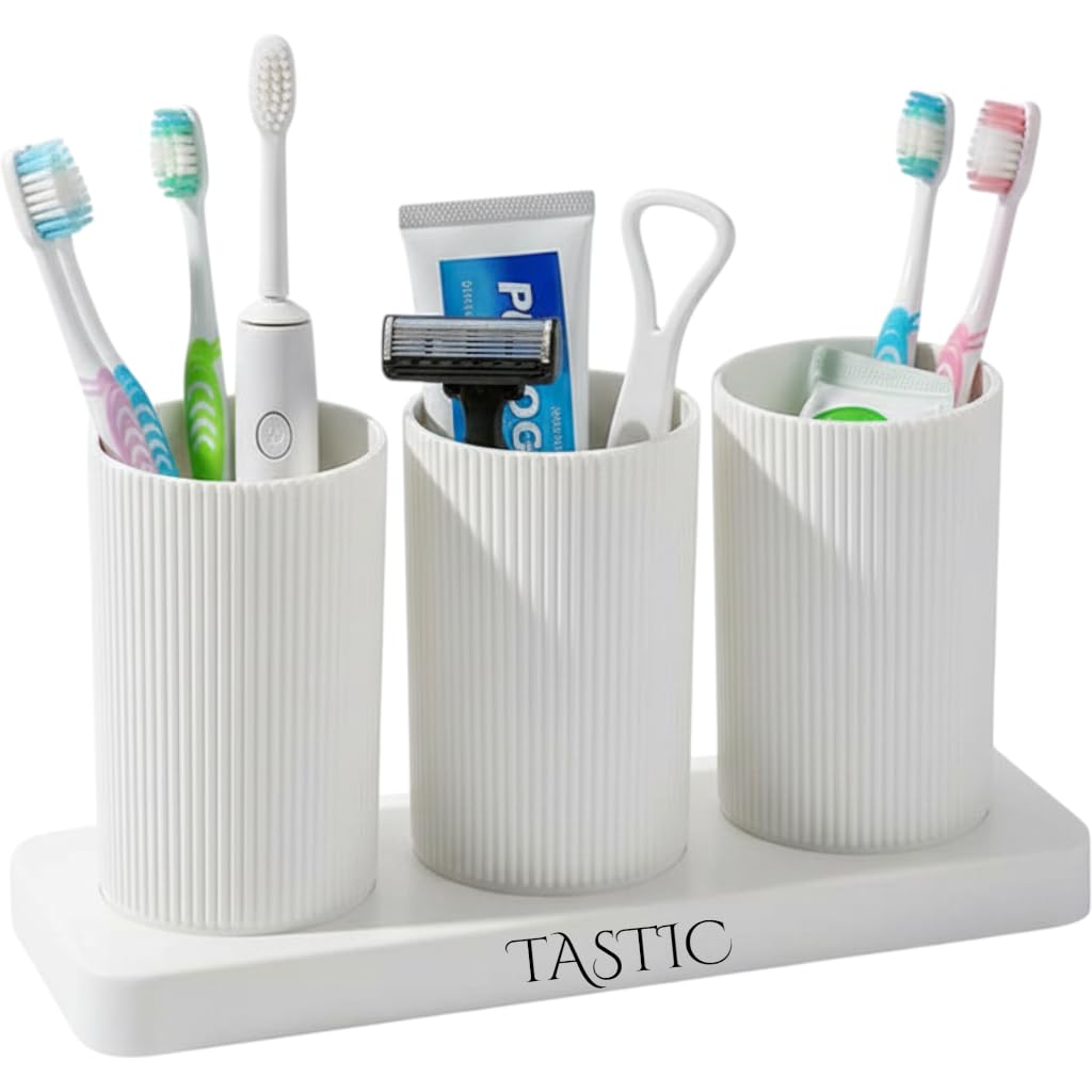 Tastic Bathroom Toothbrush Holder,Bathroom Shelf | 3In1 Multipurpose Toothbrush Holder With Cups And Tray For Bathroom Storage